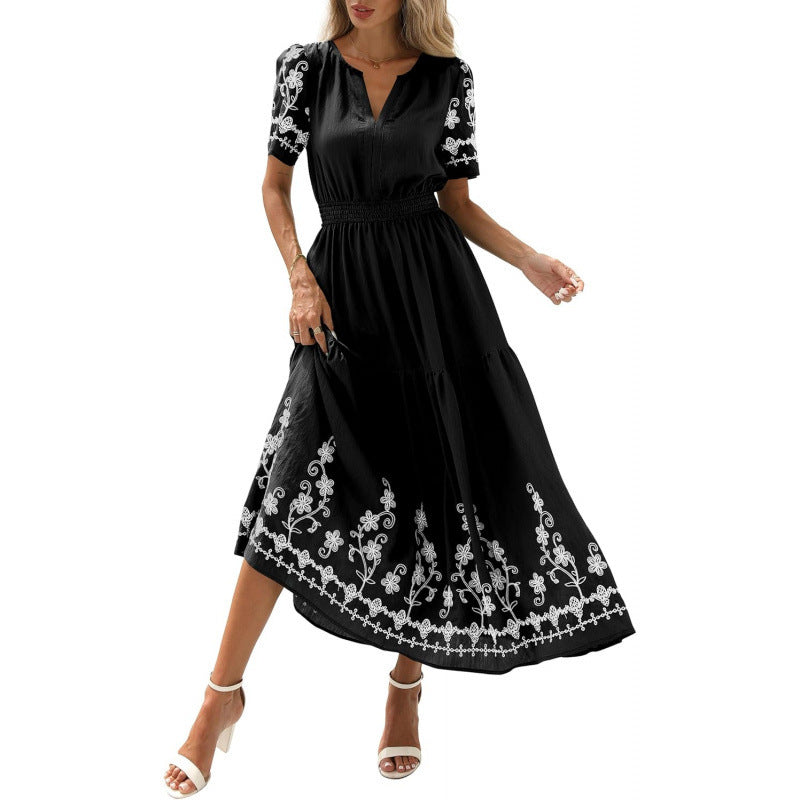 Wildflower Embroidered Midi Dress — Black