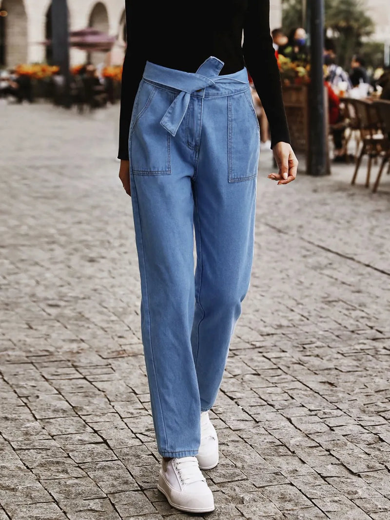 Tied Straight Jeans with Pockets 3