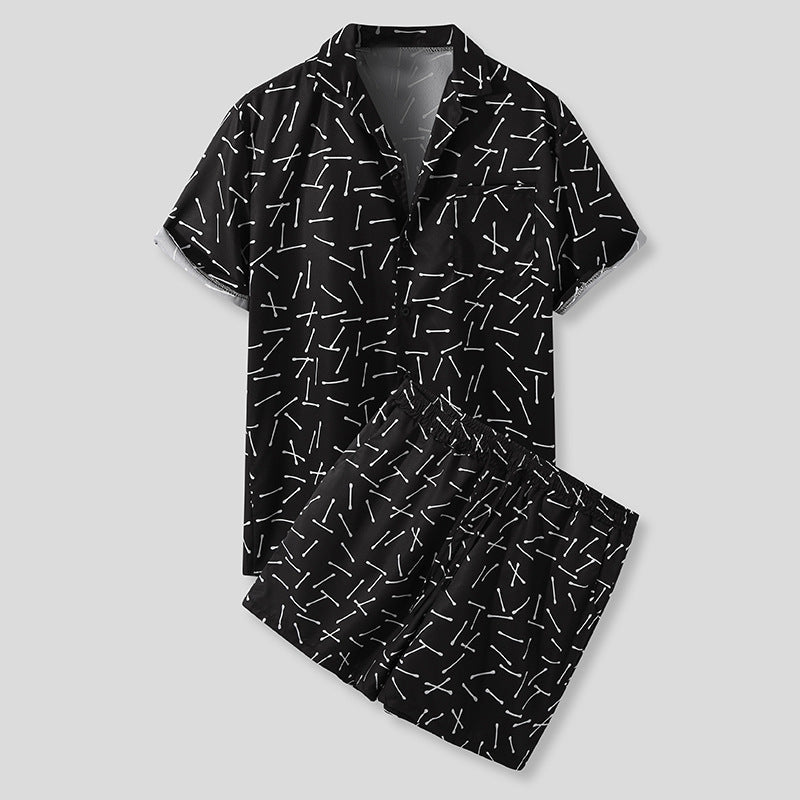 Men's Full Size Button Up Shirt And Shorts Set Plus Size Black