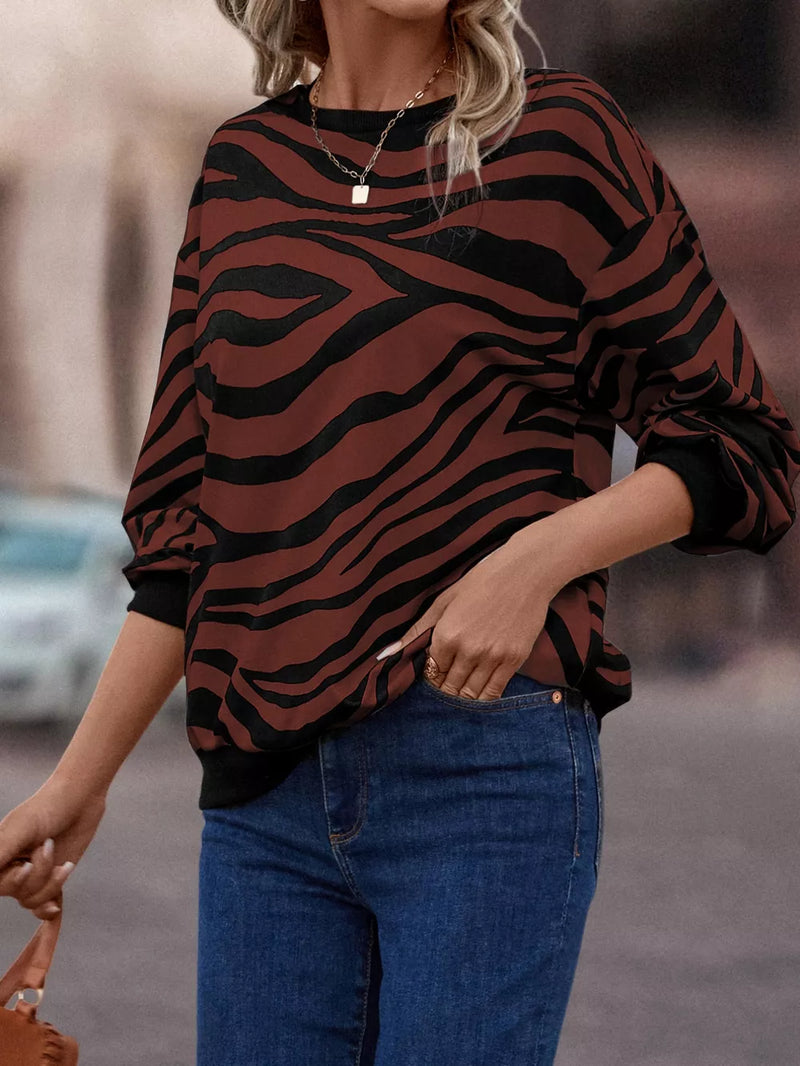 Zebra Print Round Neck Casual Sweatshirt 6