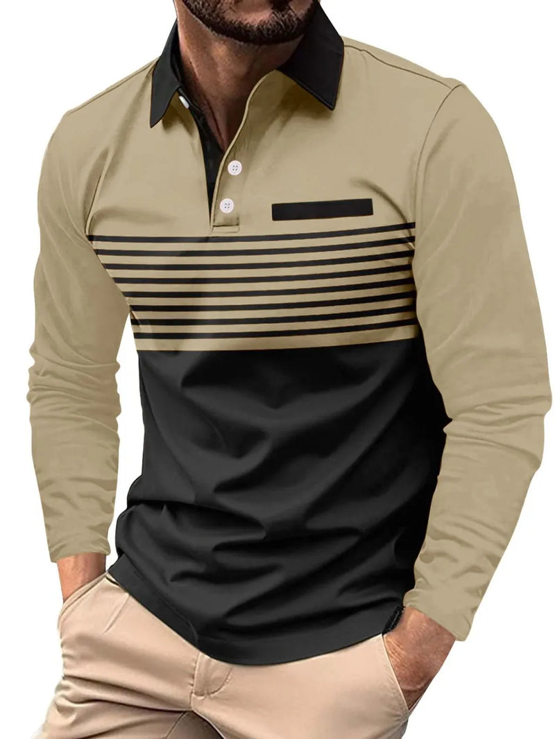 Men's Full Size Collared Neck Long Sleeve Striped Polo Plus Size 8