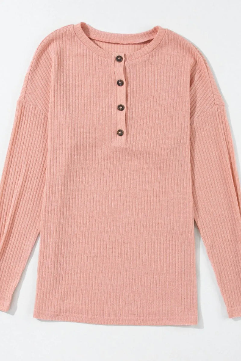 Quarter Button Round Neck Dropped Shoulder Knit Top 4