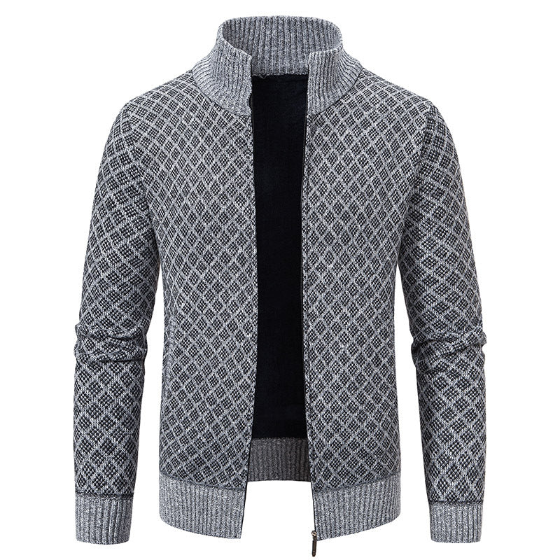 Griffin Plaid Knit Zip Cardigan in Light Gray