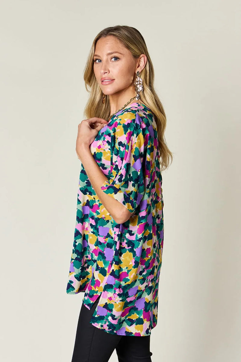 Double Take Full Size Printed V-Neck Short Sleeve Side Slit Top 3
