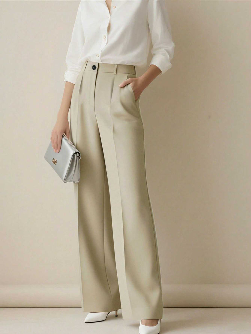 Margot Pleated Wide-Leg Trousers — Beige