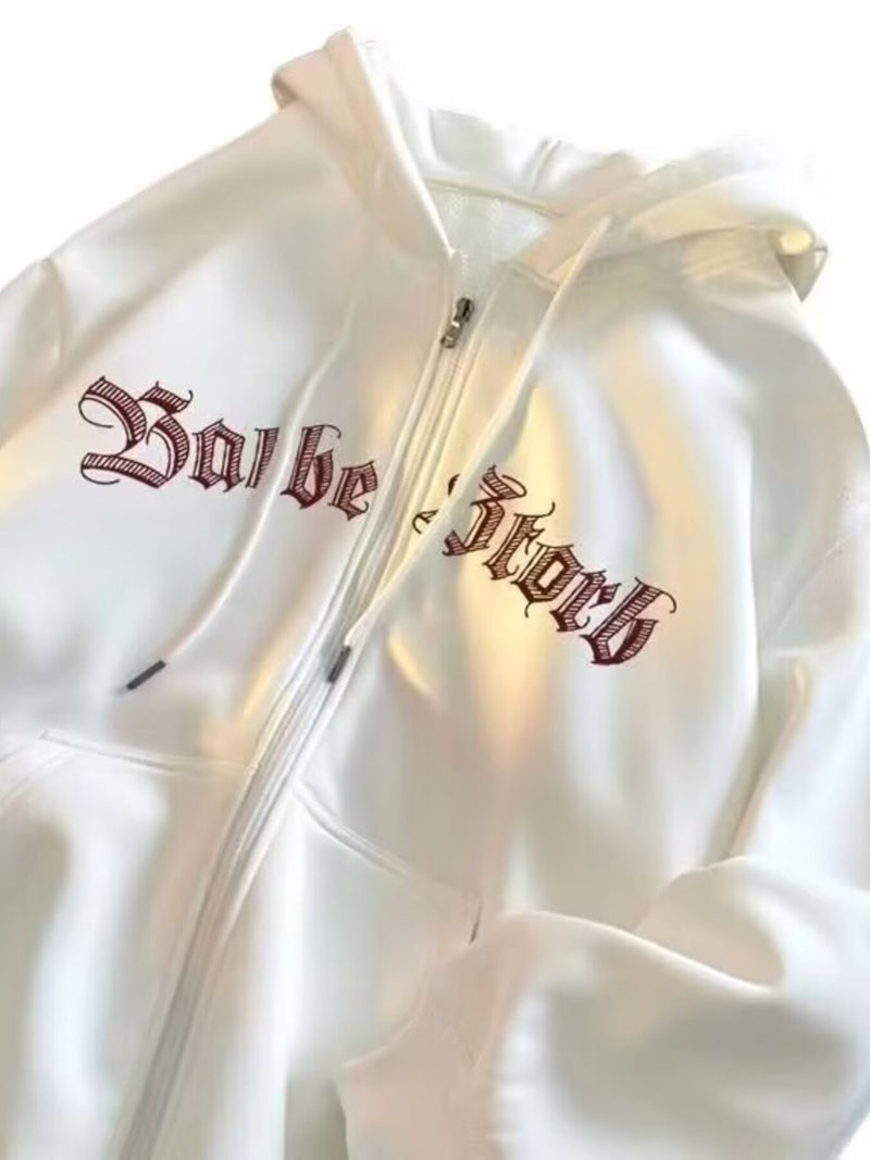 Men's Plus Size Letter Zip Up Drawstring Hoodie White