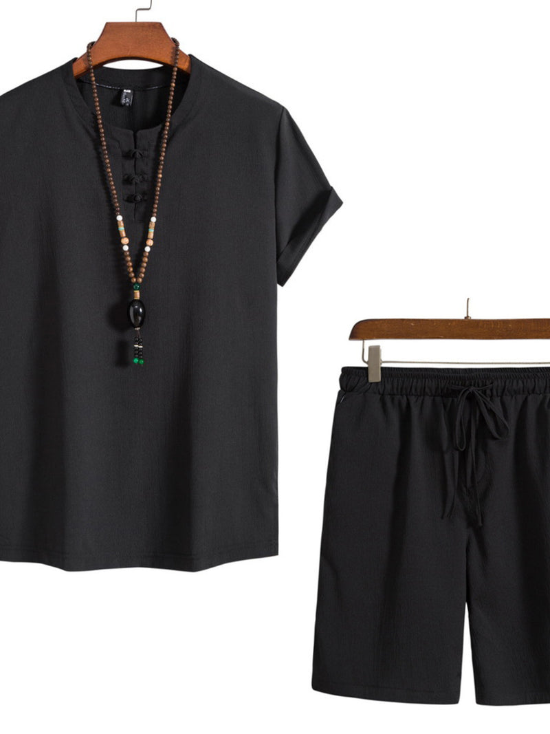 Men's Plus Size Mandarin Collar Short Sleeve Shirt and Shorts Set | Hazel & June Black