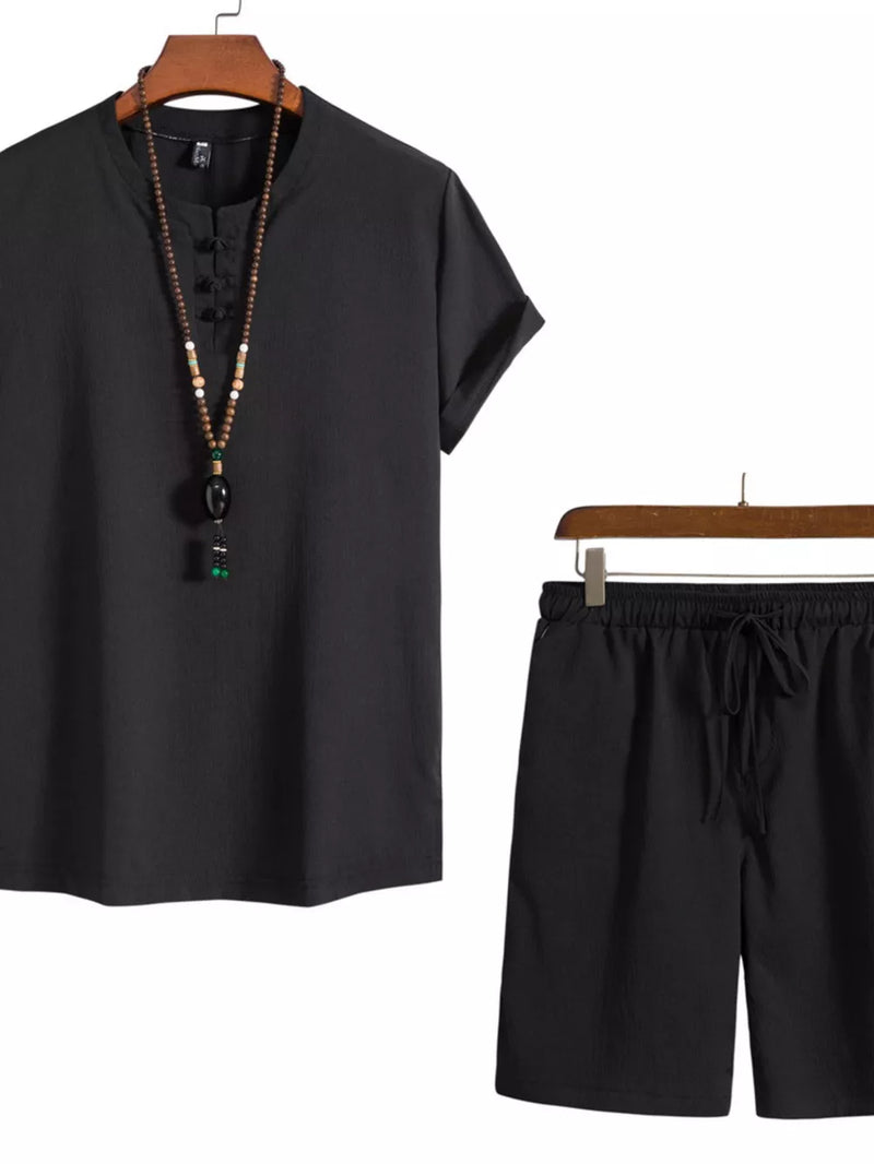 Men's Plus Size Mandarin Collar Short Sleeve Shirt and Shorts Set 3