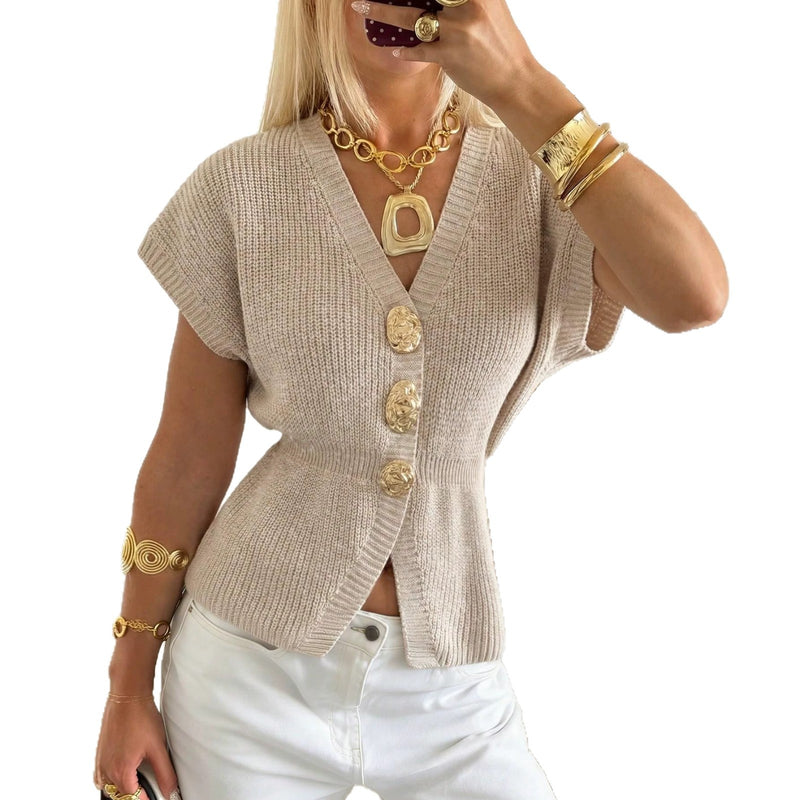 Beige Gold-Button Knit Vest 5
