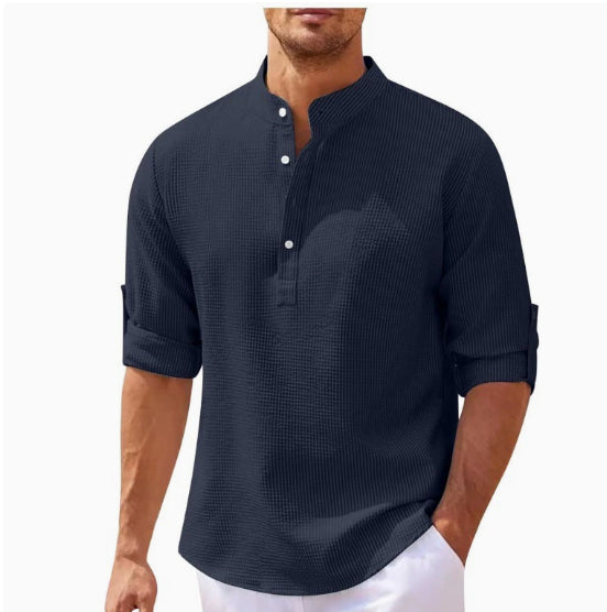 Stone Stand Collar Shirt — Navy Blue