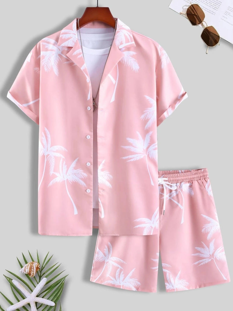 Men's Full Size Palm Print Button Up Shirt and Shorts Set Plus Size | Hazel & June Pink