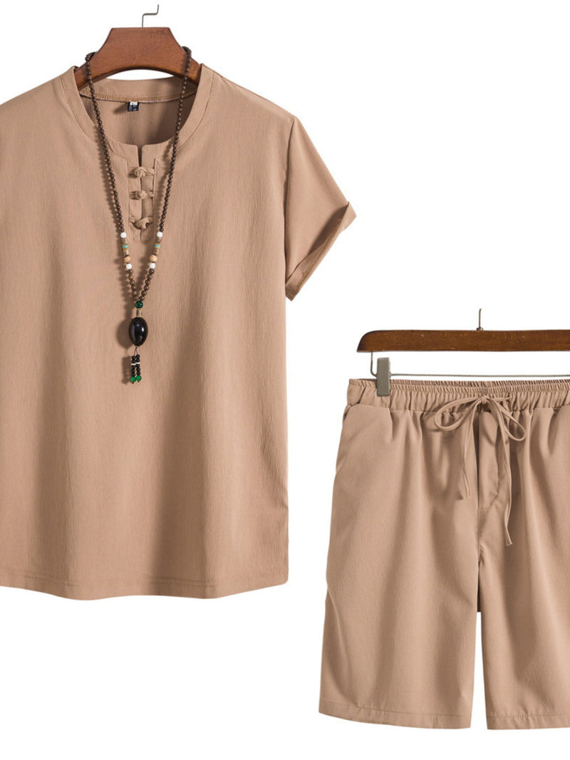 Men's Plus Size Mandarin Collar Short Sleeve Shirt and Shorts Set | Hazel & June Khaki