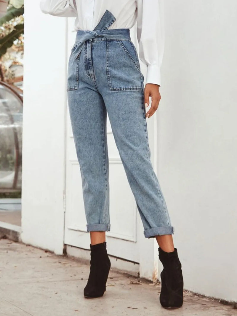 Tied Straight Leg Jeans with Pockets 3