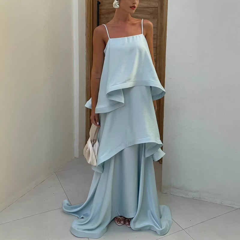 Saona Tiered Satin Maxi Dress — Light Blue