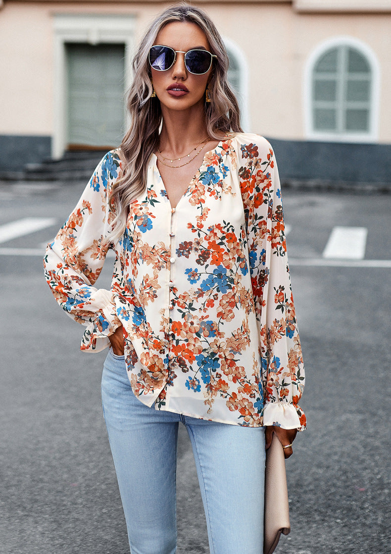 Elara Floral Chiffon Blouse — Apricot