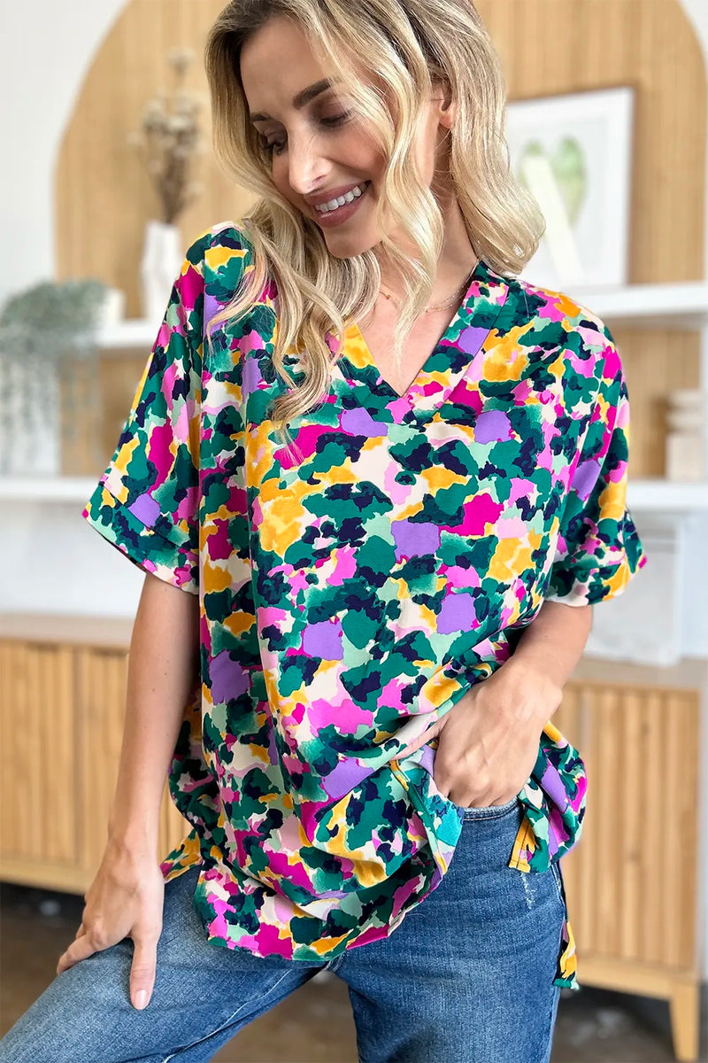 Double Take Full Size Printed V-Neck Short Sleeve Side Slit Top 7