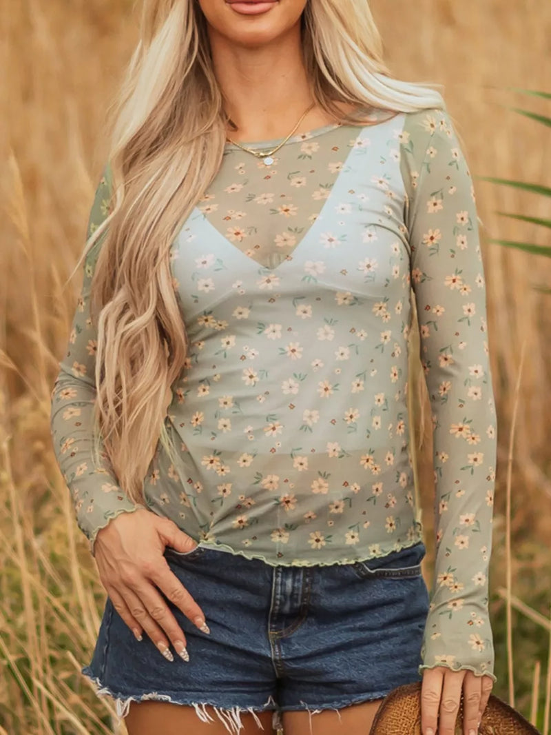 Floral Print Mesh Long Sleeve Top 6