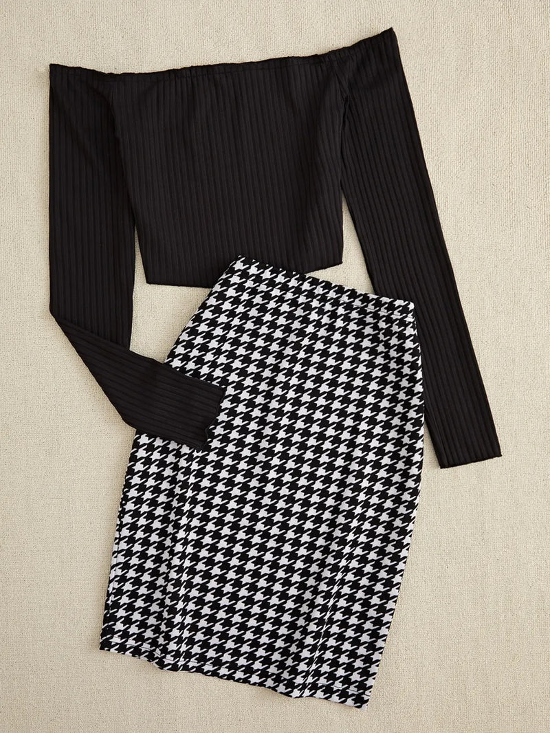 Off-Shoulder Long Sleeve Top and Houndstooth Skirt Set 2