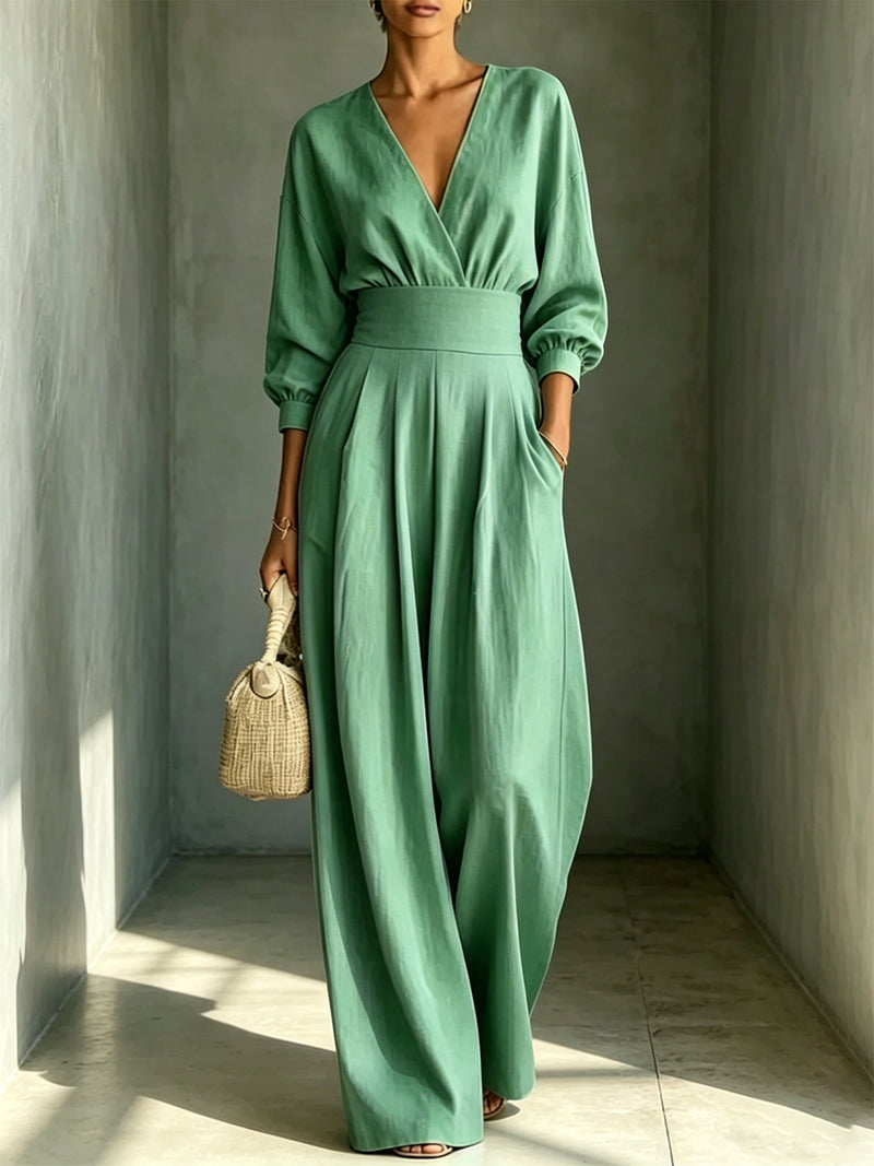 Fitted V-Neck Long-Sleeve Jumpsuit — Green