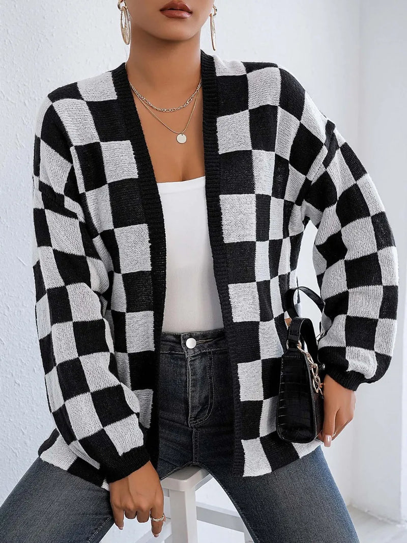 Checkered Open Front Long Sleeve Cardigan 4