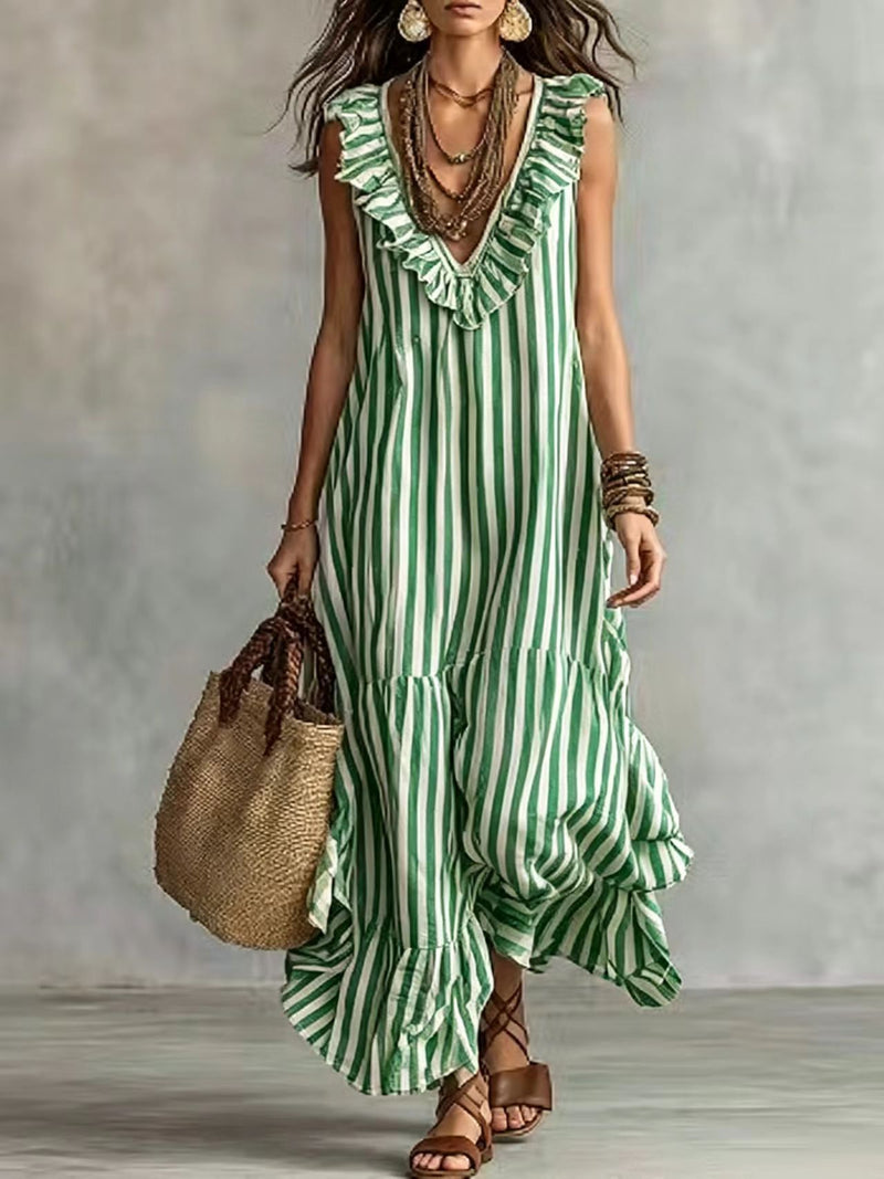 Striped Ruffle V-Neck Maxi — Green
