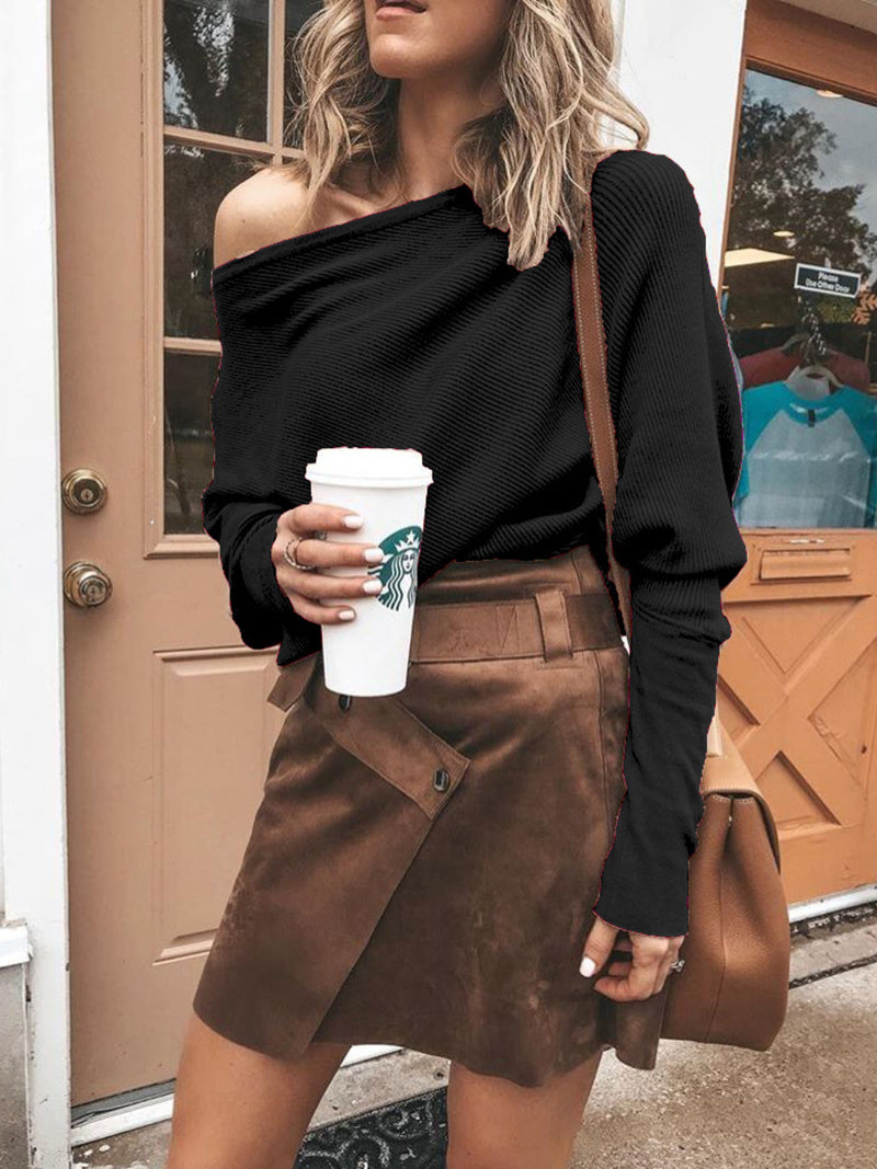 Full Size One-Shoulder Ribbed Sweater Plus Size | Hazel & June Black
