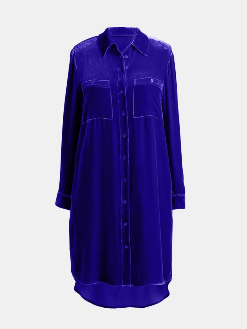High-Low Button Up Long Sleeve Knee Length Dress 7