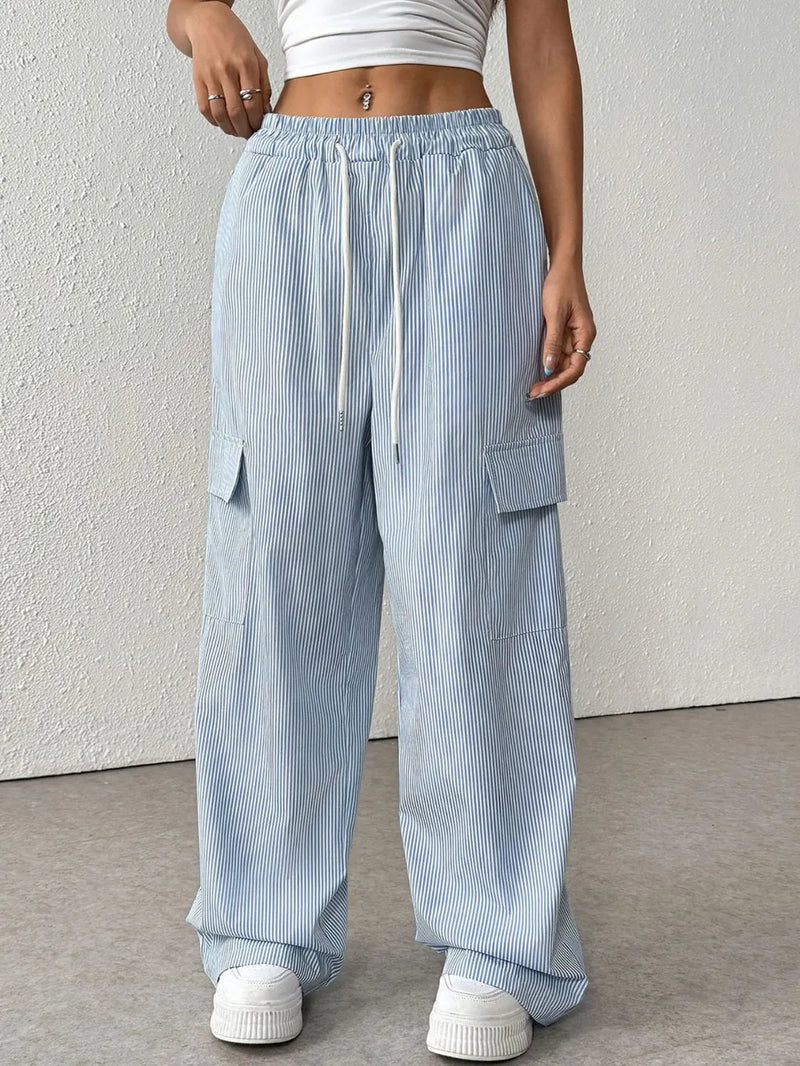 Drawstring Striped Wide Leg Cargo Pants 1