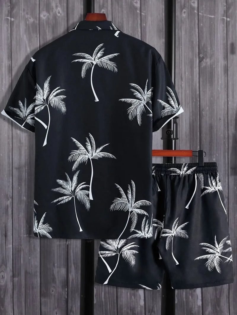 Men's Full Size Palm Print Button Up Shirt and Shorts Set Plus Size 2