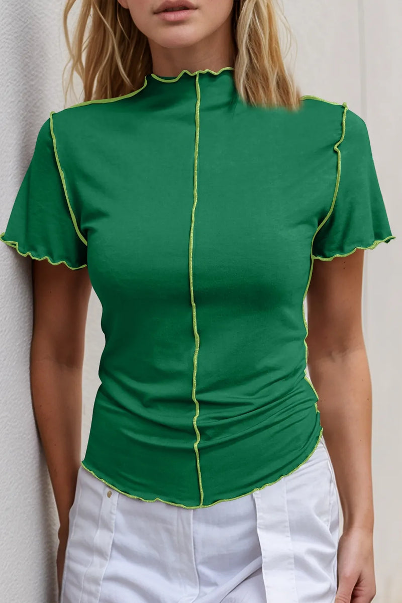 Basic Bae Contrast Trim Mock Neck Short Sleeve T-Shirt | Hazel & June Dark Green