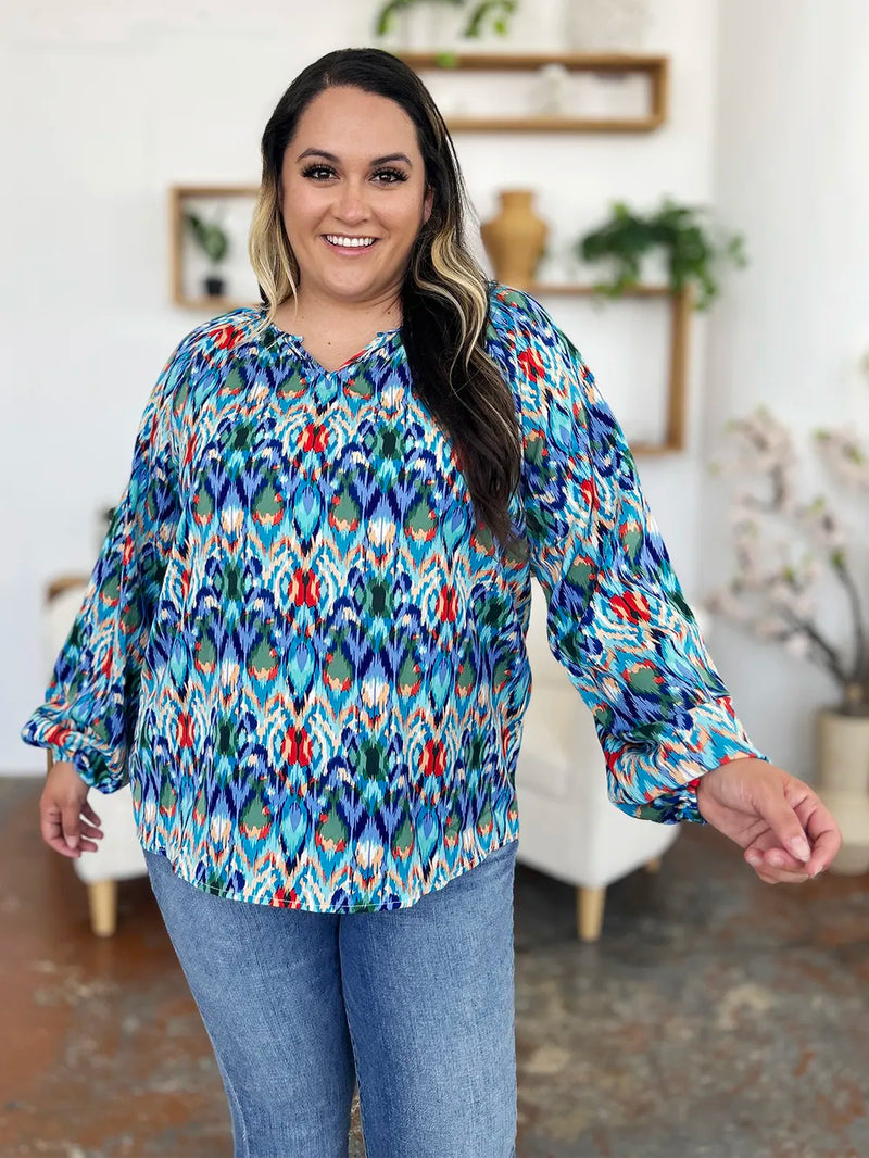 Double Take Full Size Printed Balloon Sleeve Blouse 8