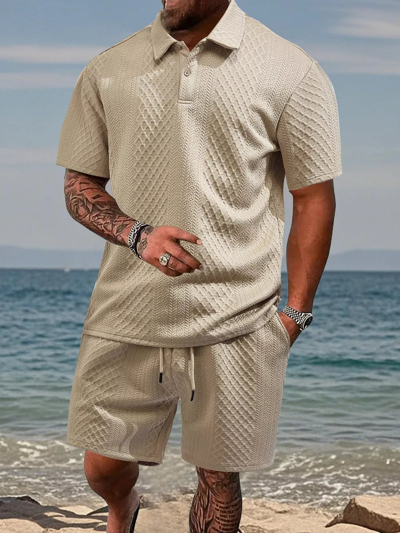 Men's Full Size Textured Knit Polo Shirt & Shorts Set Plus Size 2