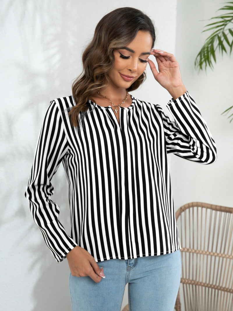 Striped Long Sleeve Notched Blouse 7