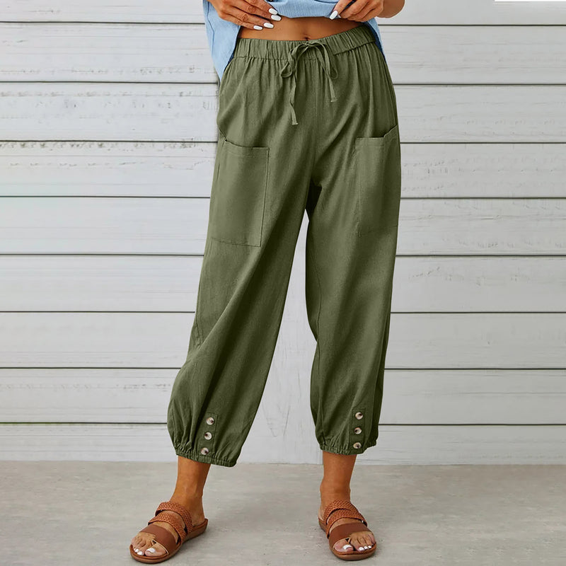 Isla Drawstring Linen-Look Pants — Army Green