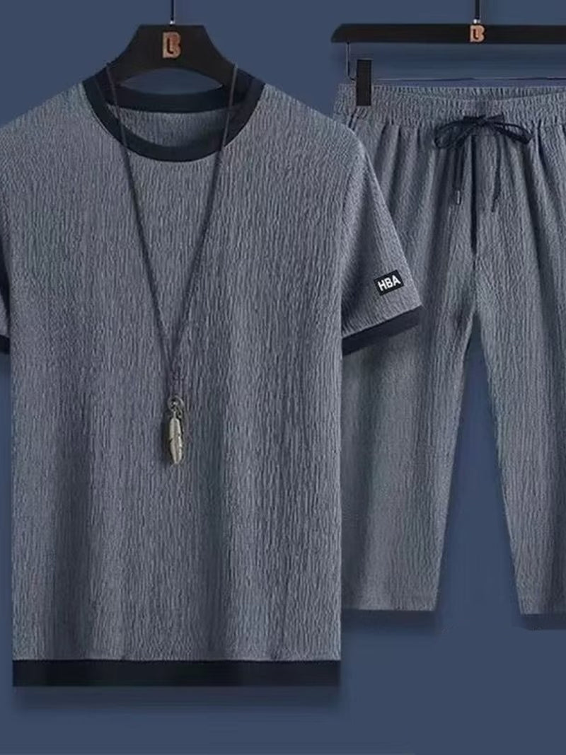 Men's Plus Size Round Neck Short Sleeve Top And Shorts Set Gray