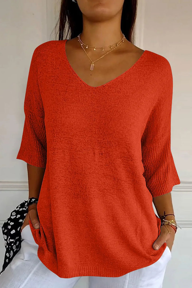 V-Neck Three-Quarter Sleeve Knit Top | Hazel & June Red