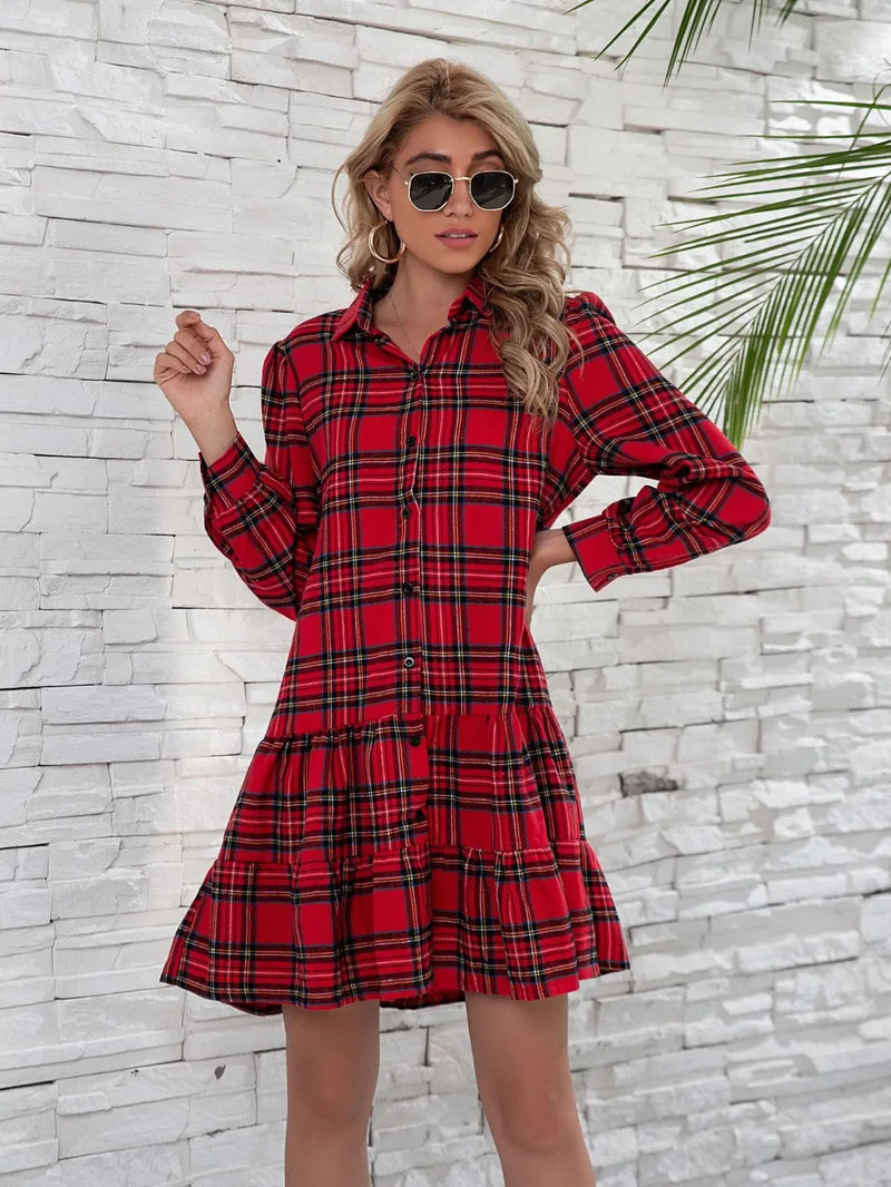 Ruffle Hem Plaid Button Down Long Sleeve Dress 2
