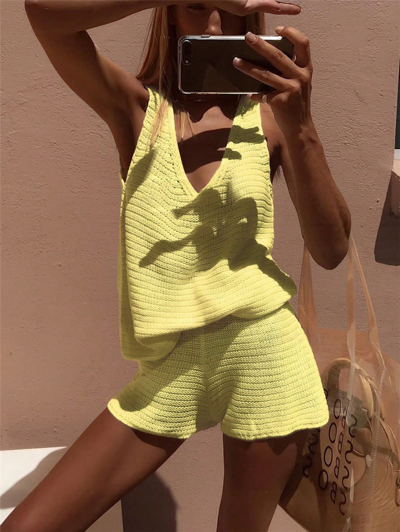Cream Crochet Halter Vest & Shorts Set 4