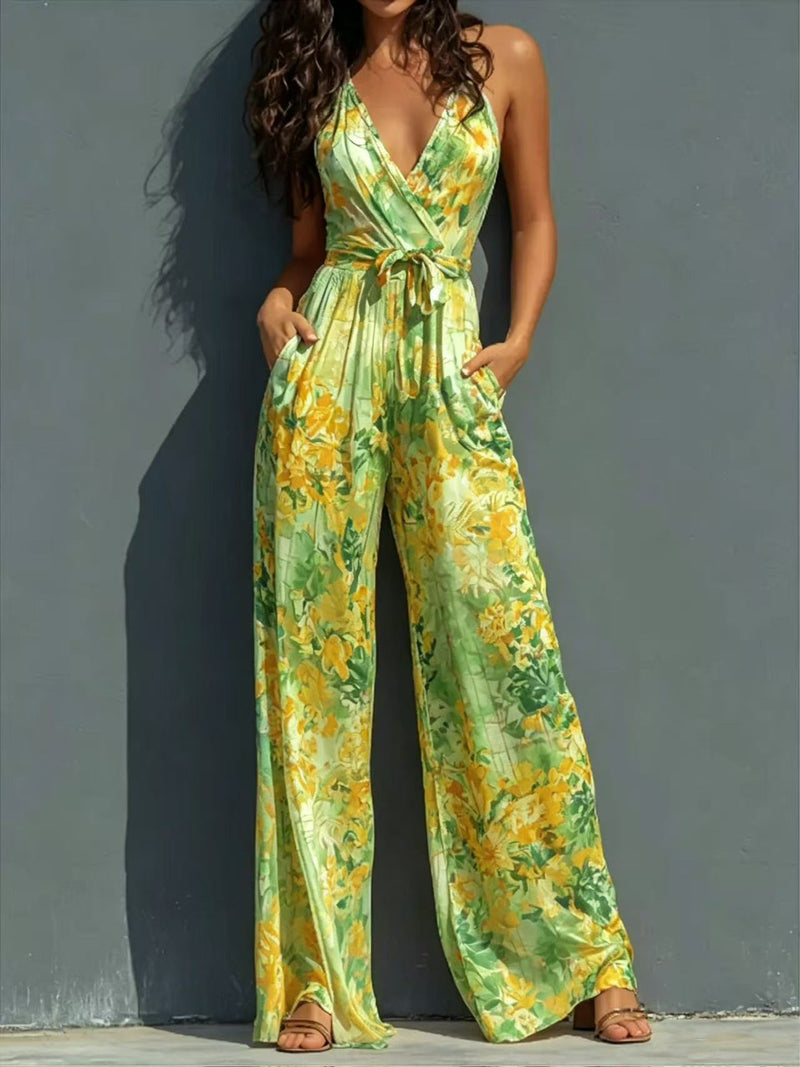 Floral Wide-Leg Belted Jumpsuit — Yellow