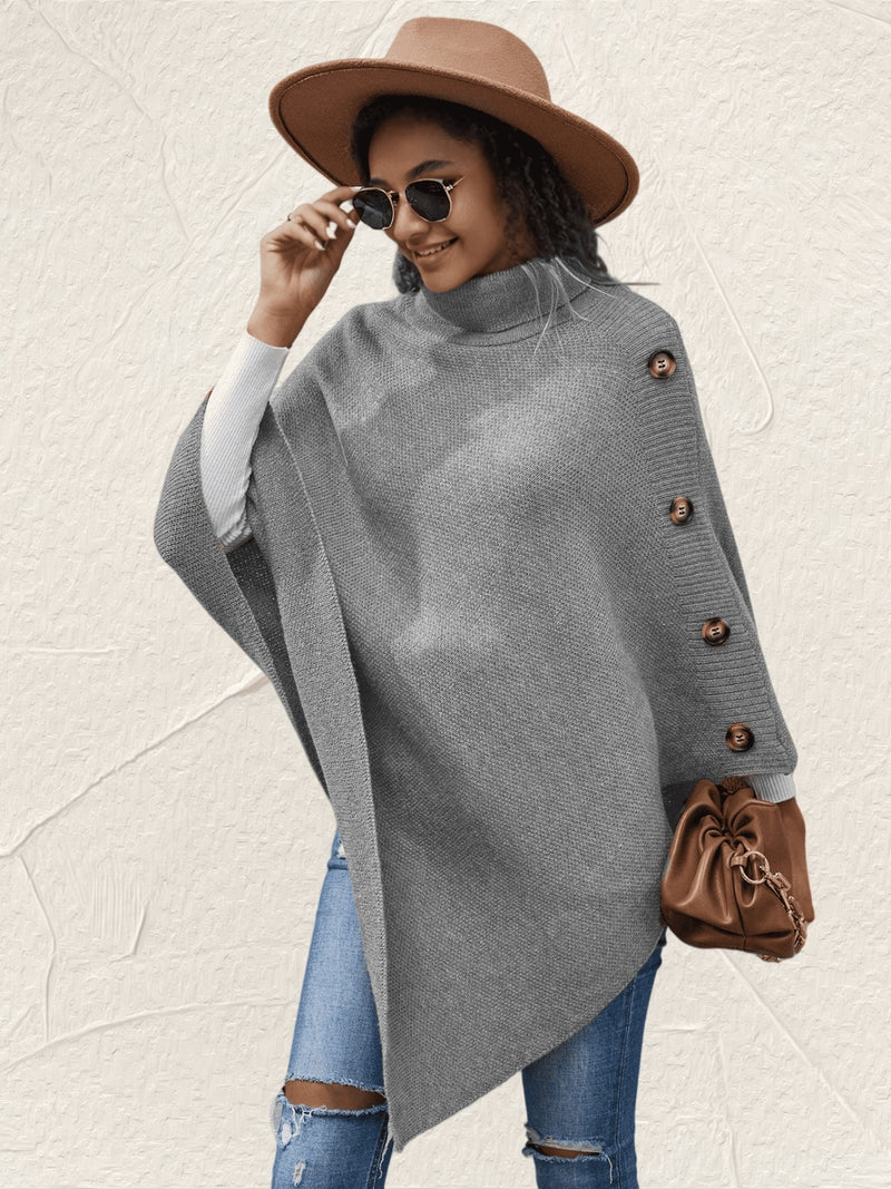 Button-Decor Turtleneck Poncho Pullover | Hazel & June Gray