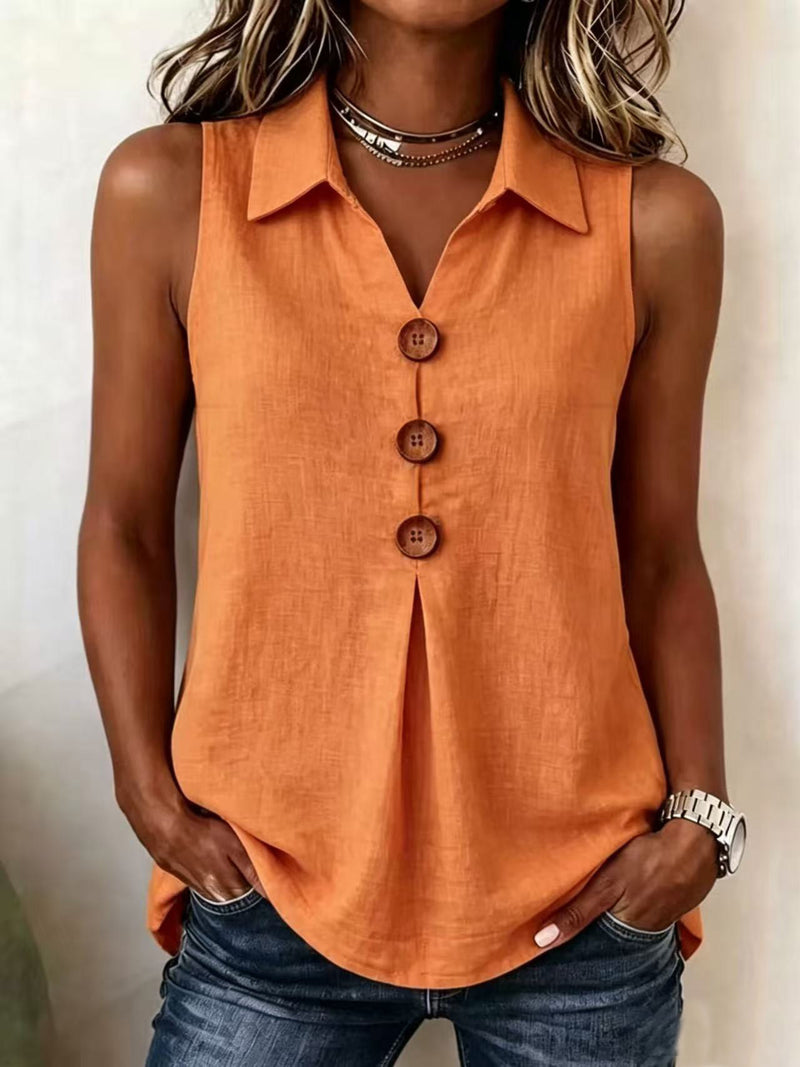 Cotton-Linen Notch-Neck Vest — Orange