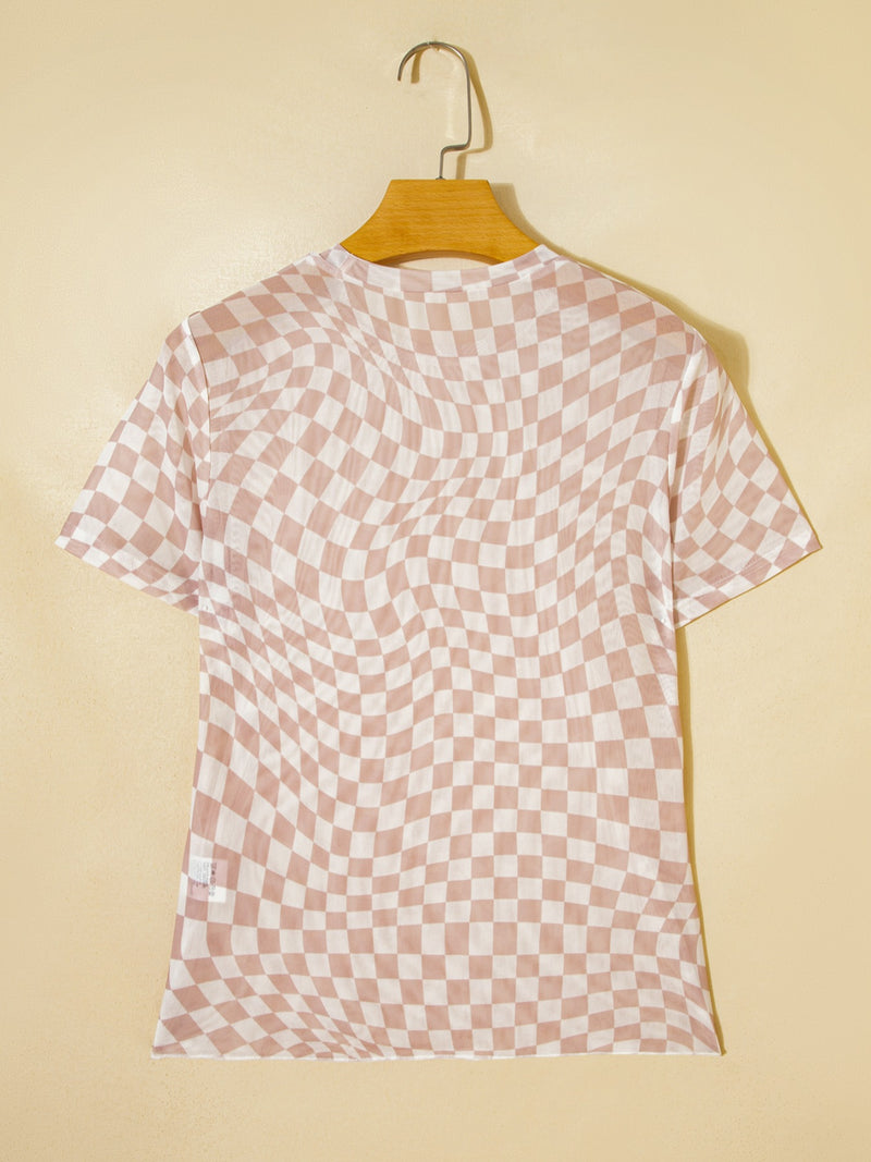 heckered Print Crew Neck Mesh T Shirt 7