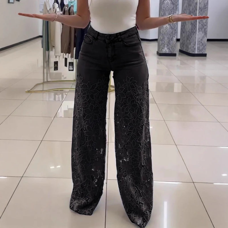 Elara Lace Flower Wide Leg Jeans — Black