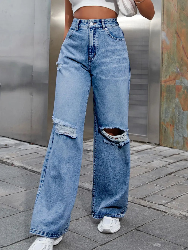 Distressed Wide Leg Jeans with Pockets 4
