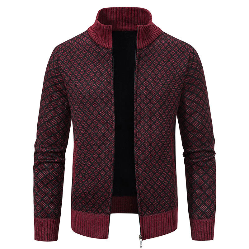 Griffin Plaid Knit Zip Cardigan — Wine Red