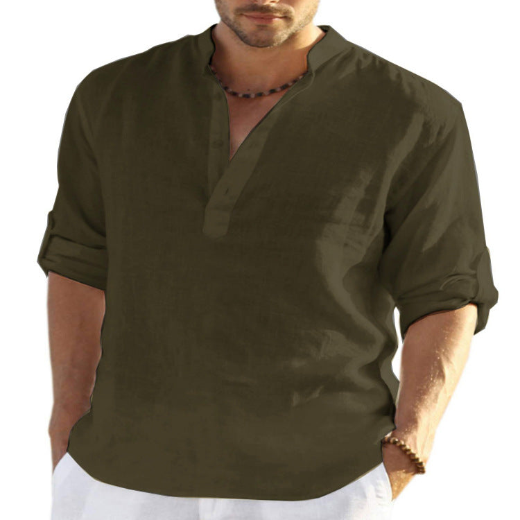 Grove Cotton Linen Stand Collar Shirt — Army Green