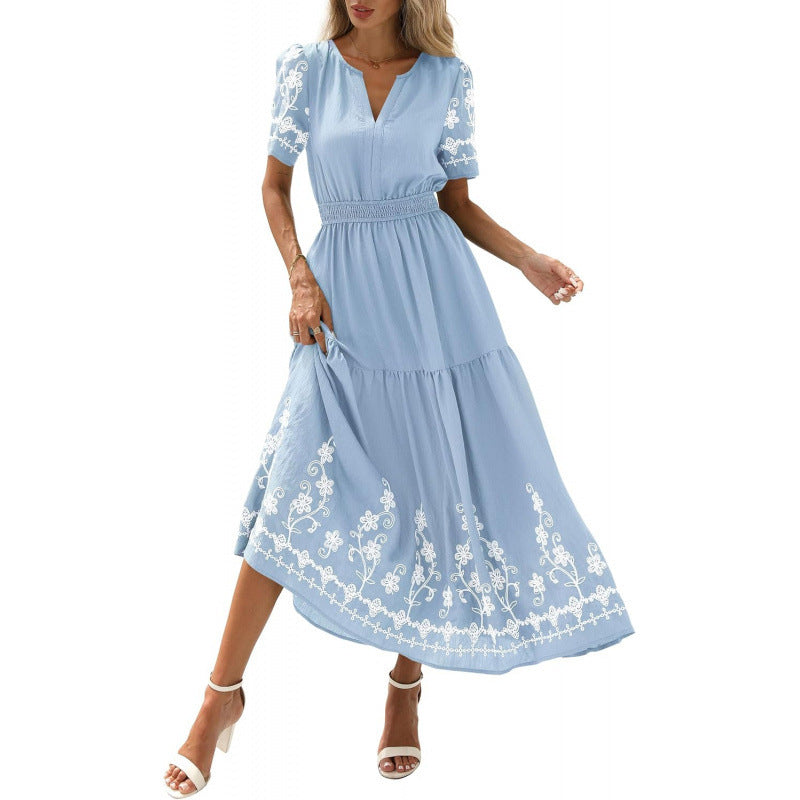 Wildflower Embroidered Midi Dress — Light Blue