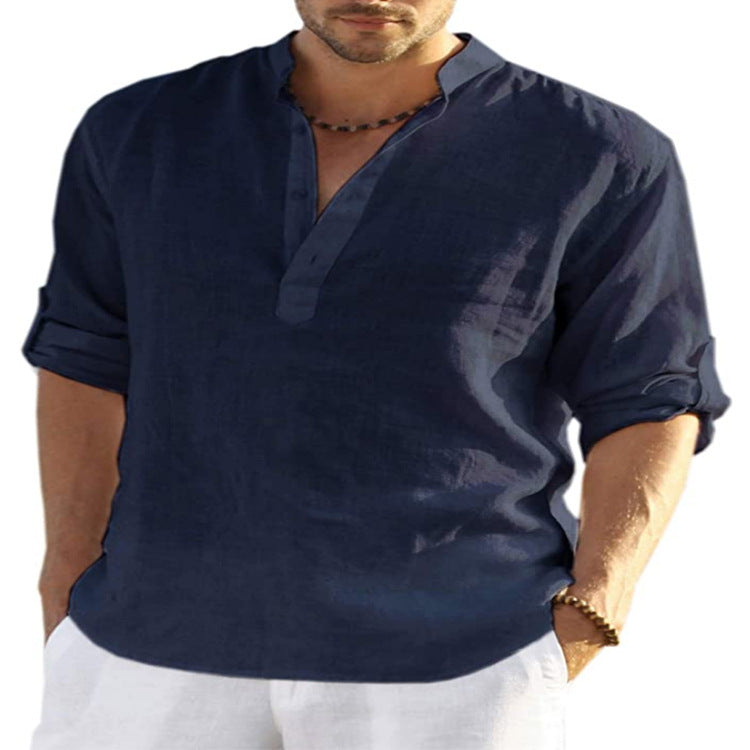 Grove Cotton Linen Stand Collar Shirt — Navy Blue