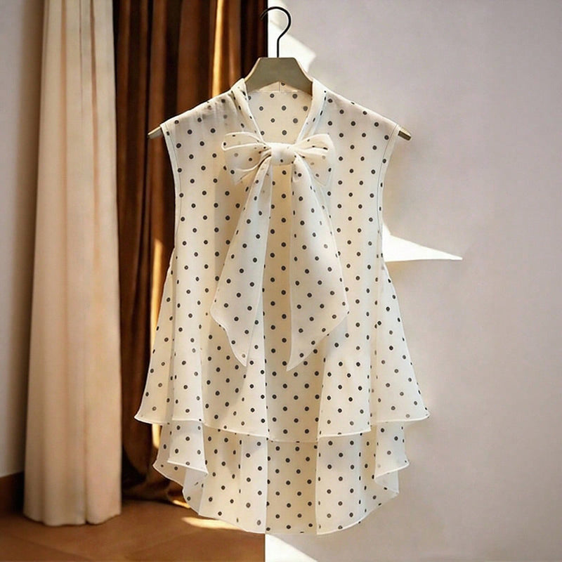 Cream Polka-Dot Bow Chiffon Blouse 3
