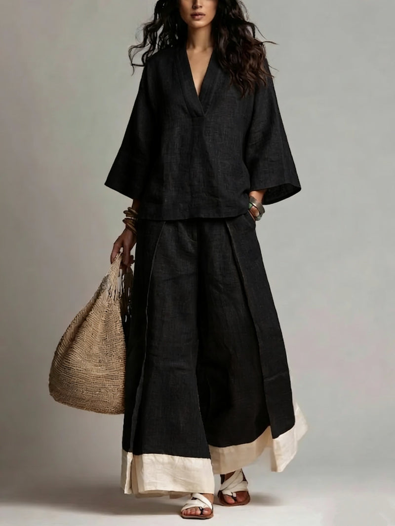 Côte Contrast-Hem Linen Co-ord Set — Black